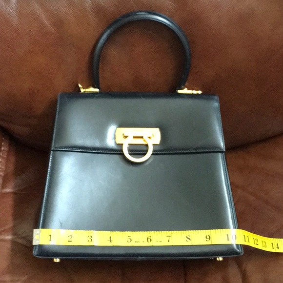 Authentic Salvatore Ferragamo Kelly Bag in Navy blue with gold hard ware - Picture 7 of 9